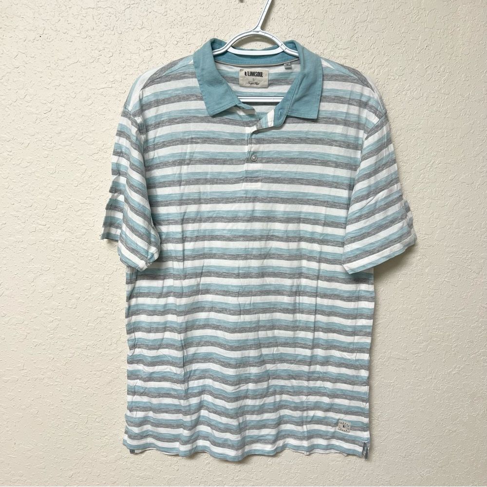 Linksoul Mens Polo Shirt Blue Striped Tempus Fugit Size L Short Sleeve Cotton
